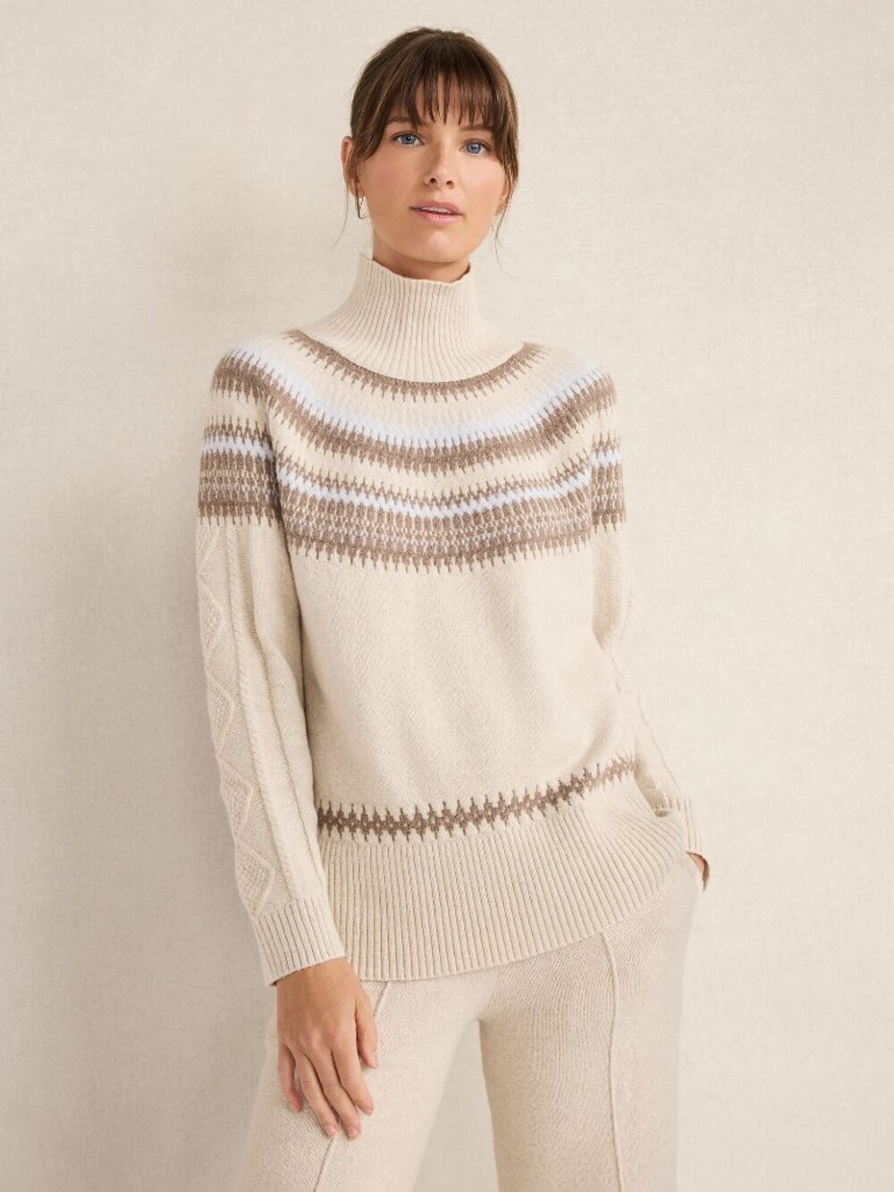 Talbots Organic Cotton Blend Fair Isle Cable Mockneck Sweater